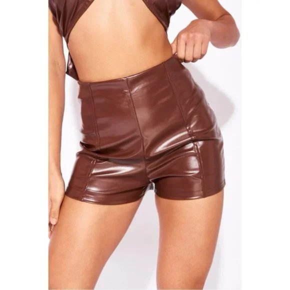 Brown Faux Leather Vegan Leather High Waist Shorts - Picture 9 of 16
